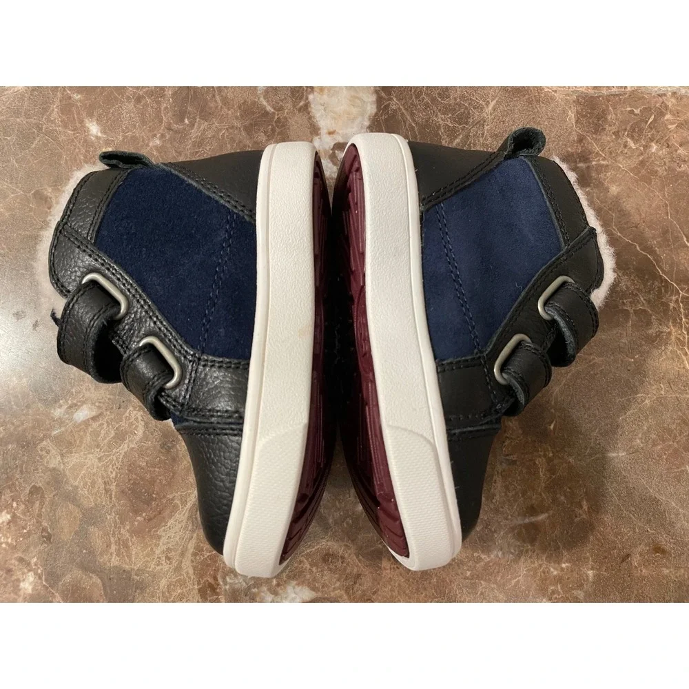 UGG Kids Rennon II Black Blue Leather‎ Suede Sherpa Lined Hook Loop Boots Kids 6